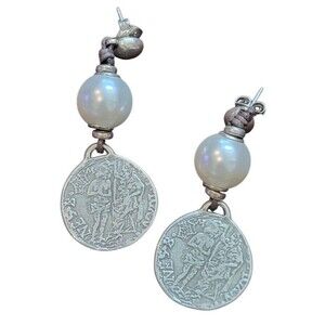 Uno de 50 Large Faux Pearl Embossed Coin Dangle Pierced Earrings Silver Plated
